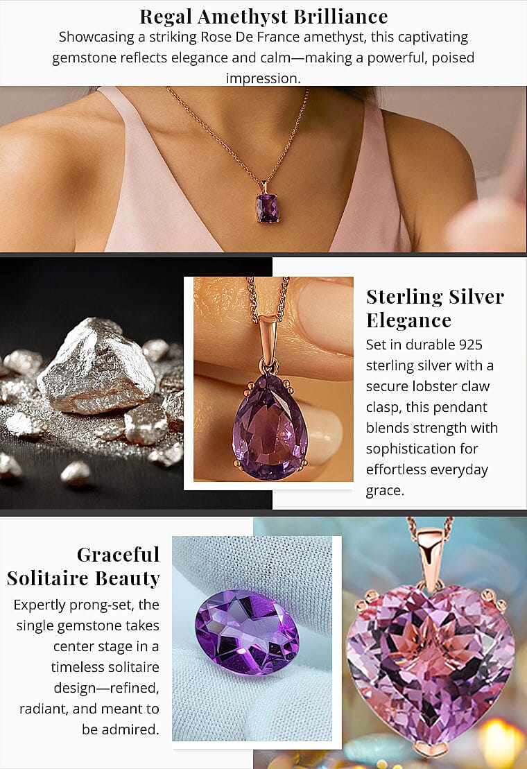 Rose De France Amethyst Solitaire 26.00 ctw Pendant Necklace,Solitaire Pendant, 20 Inches Necklace, Sterling Silver Necklace, Amethyst Solitaire Pendant Banner