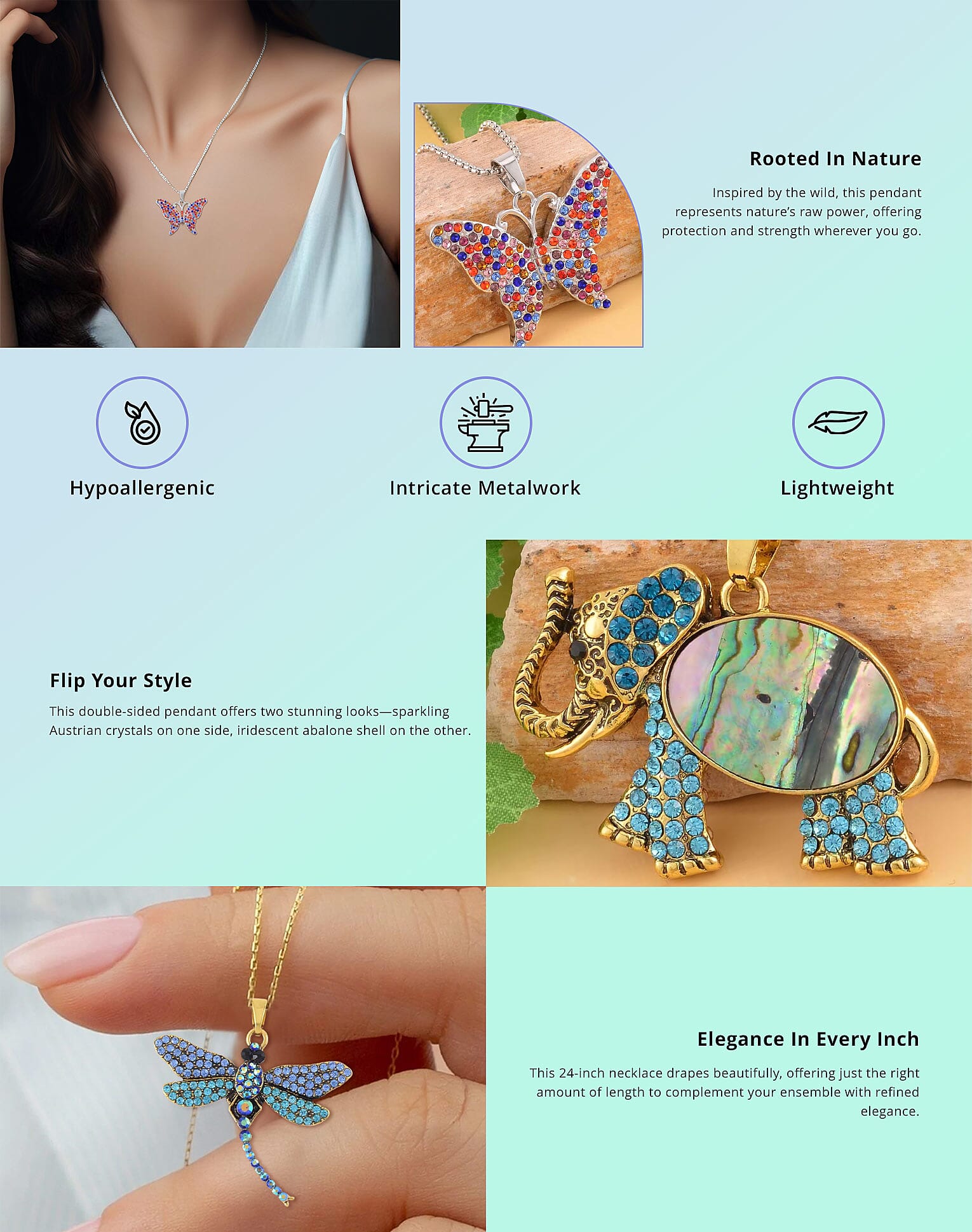 Abalone Shell and Multi Color Austrian Crystal Double Side Elephant Pendant Necklace Banner