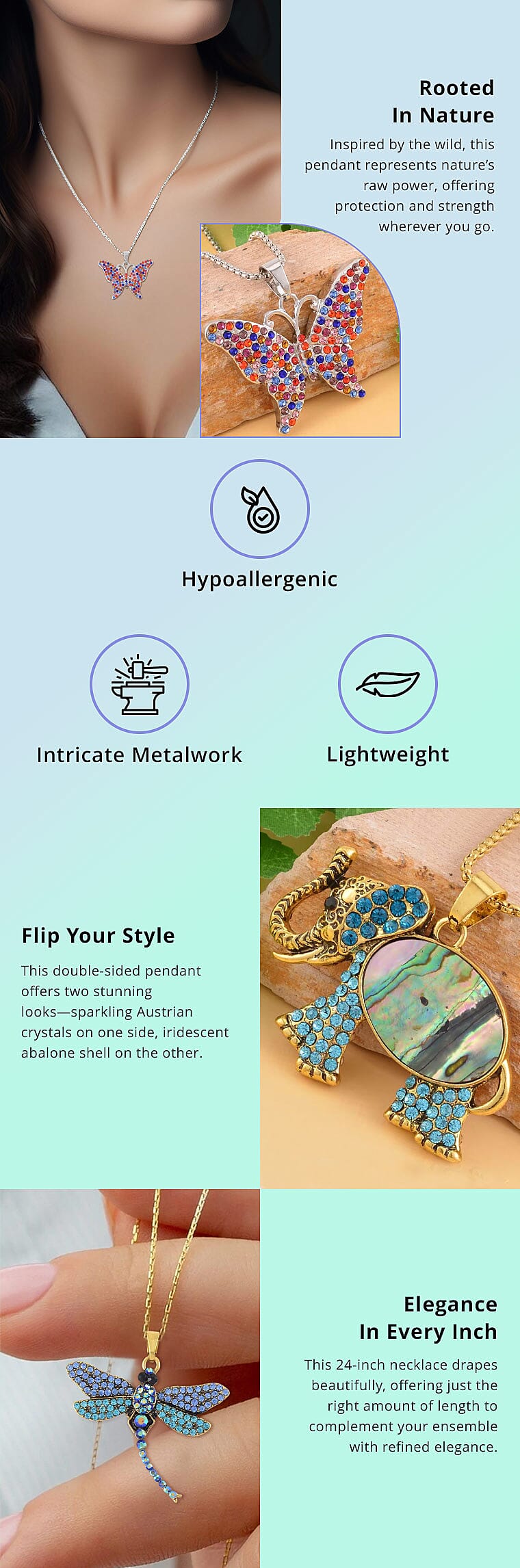 Abalone Shell and Multi Color Austrian Crystal Double Side Elephant Pendant Necklace Banner