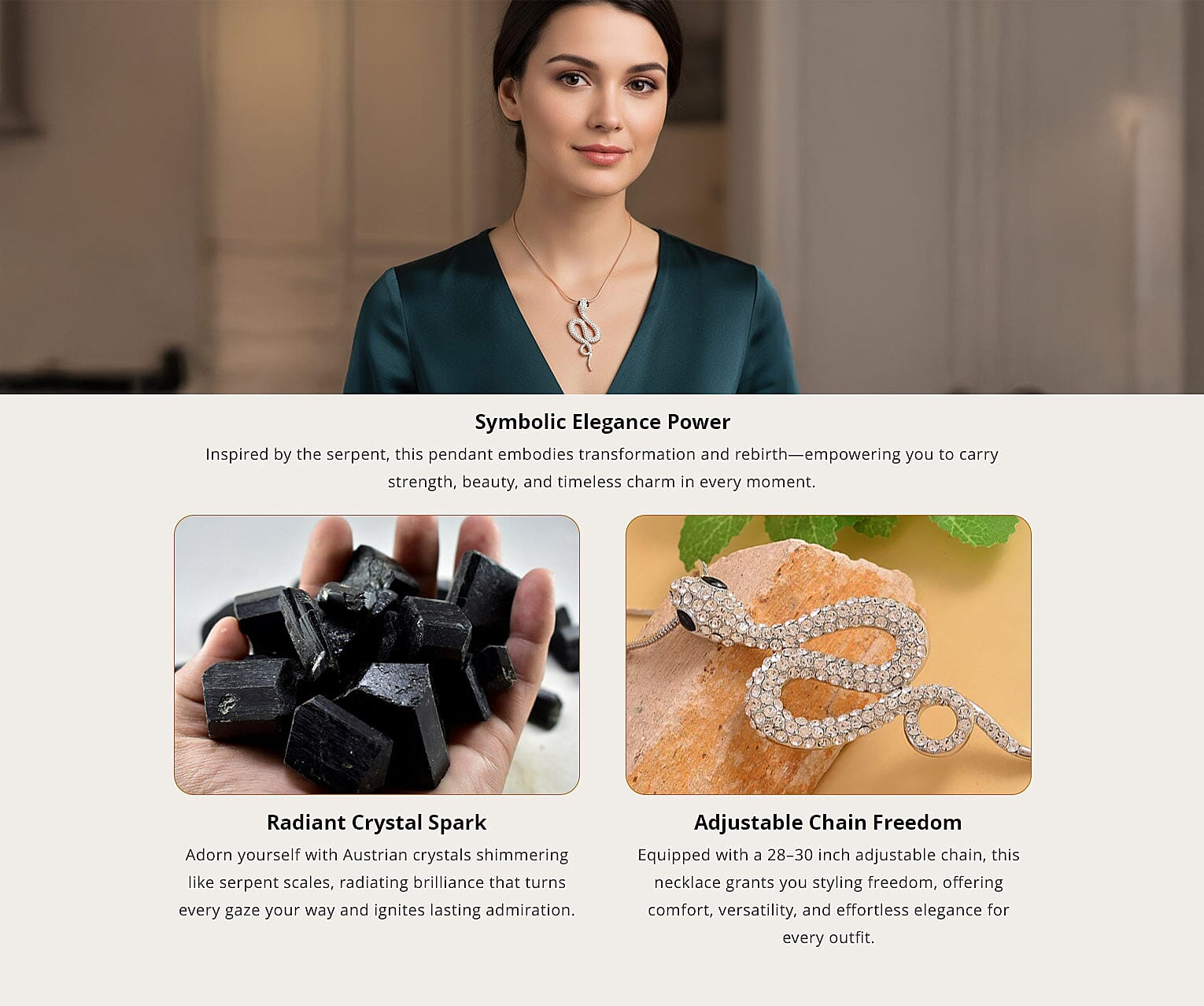 Black Glass and White Austrian Crystal Snake Pendant Necklace in Rosetone 28-30 Inches Banner