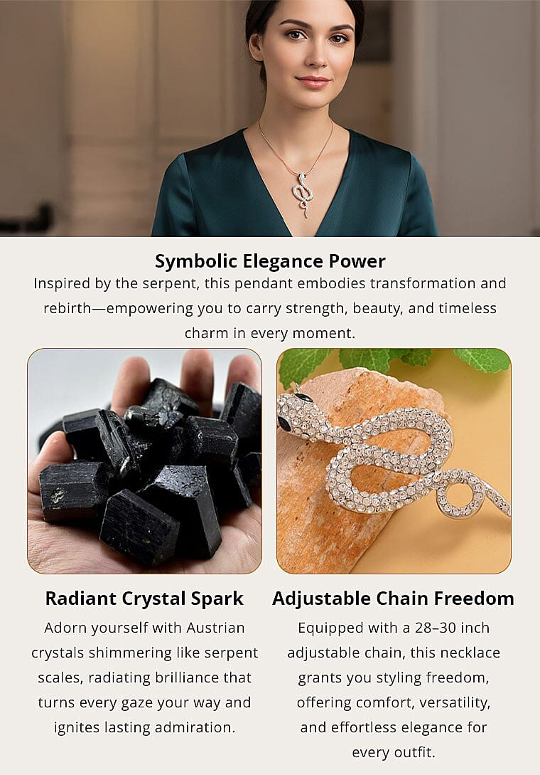 Black Glass and White Austrian Crystal Snake Pendant Necklace in Rosetone 28-30 Inches Banner