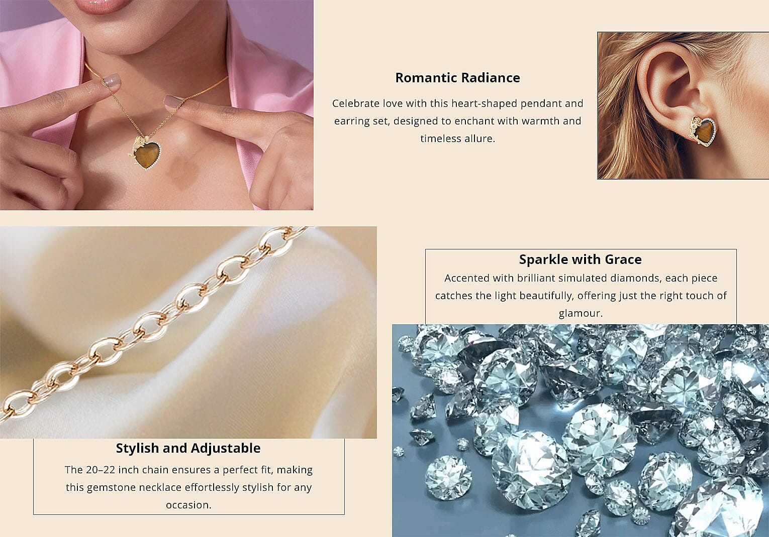 Yellow Tigers Eye, Simulated Diamond 6.00 ctw Heart Earrings and Pendant Necklace in Goldtone 20-22 Inches Banner