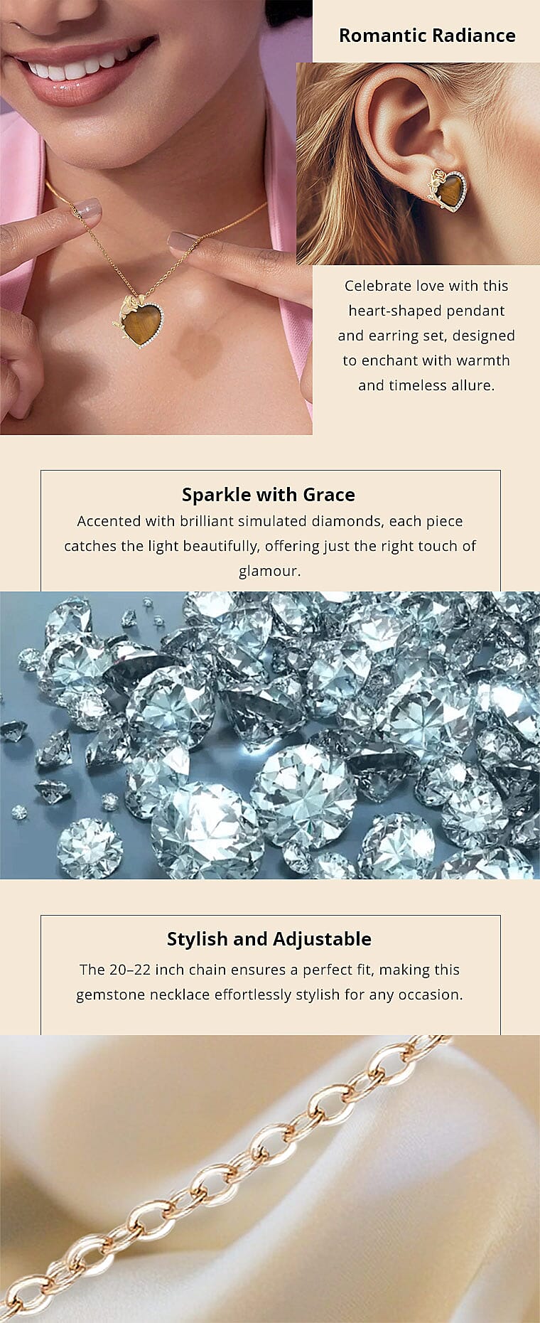 Yellow Tigers Eye, Simulated Diamond 6.00 ctw Heart Earrings and Pendant Necklace in Goldtone 20-22 Inches Banner