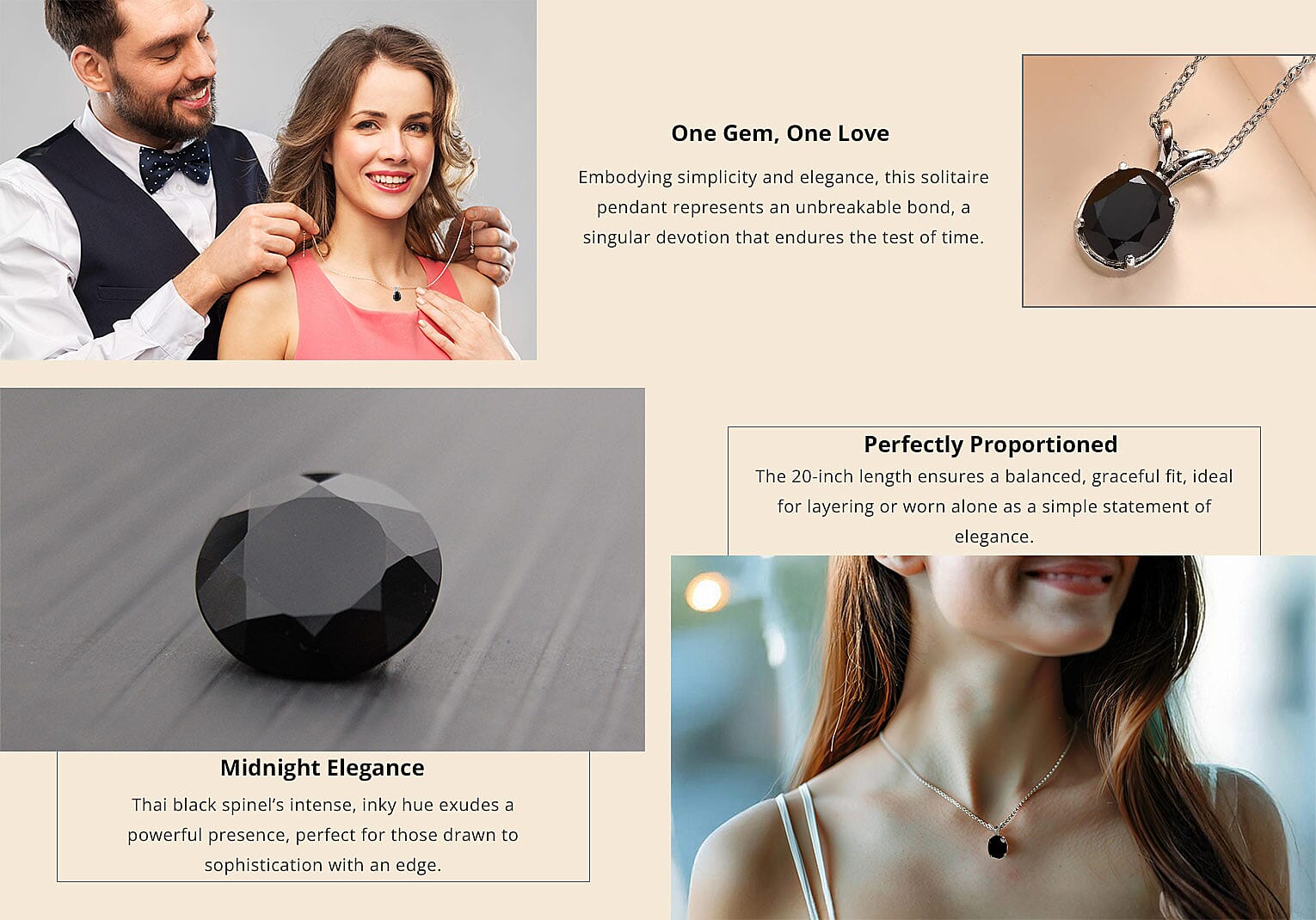 Thai Black Spinel Solitaire Pendant Necklace in Stainless Steel Banner