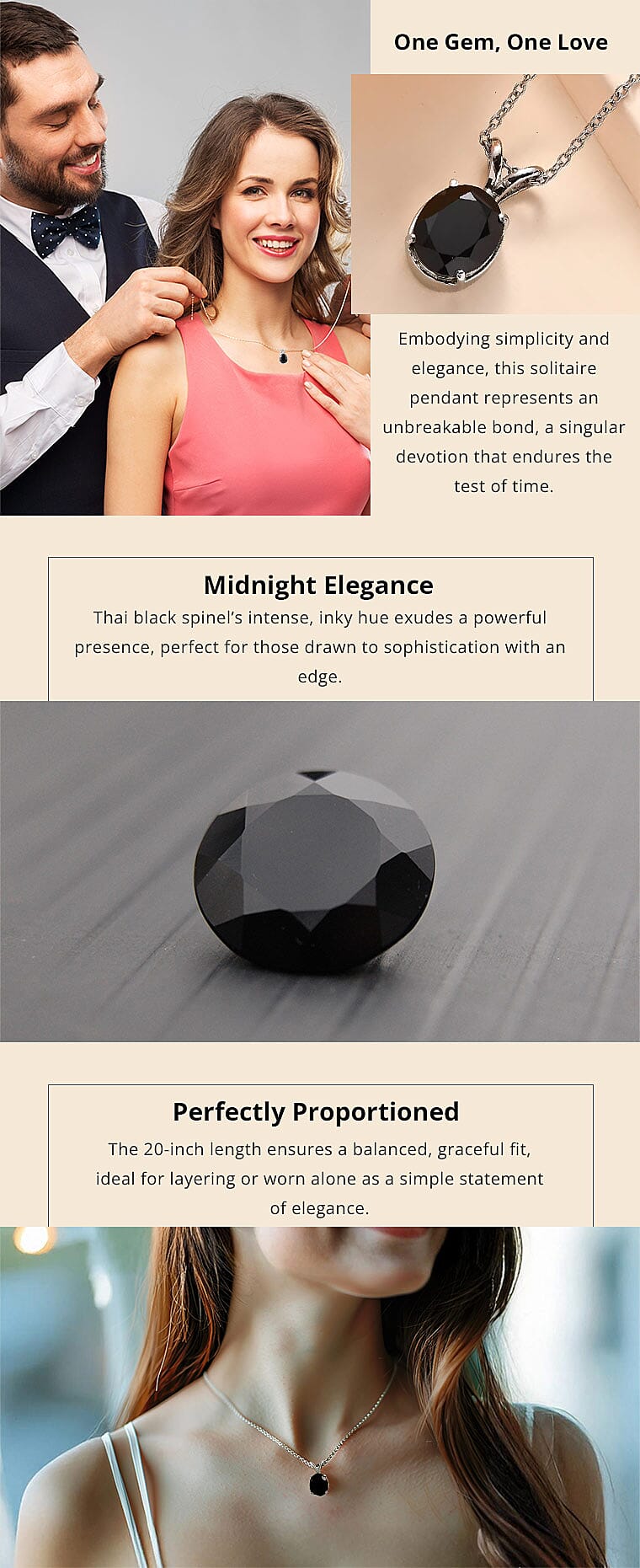 Thai Black Spinel Solitaire Pendant Necklace in Stainless Steel Banner