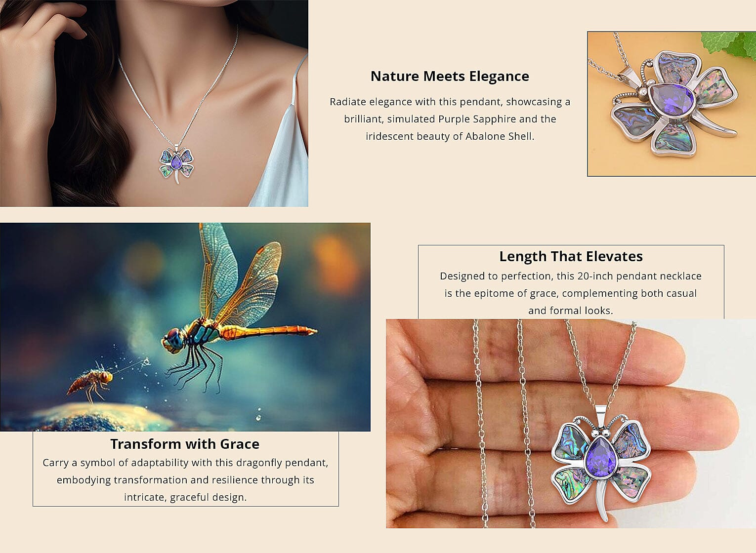 Simulated Purple Sapphire and Abalone Shell Dragonfly Pendant Necklace Banner