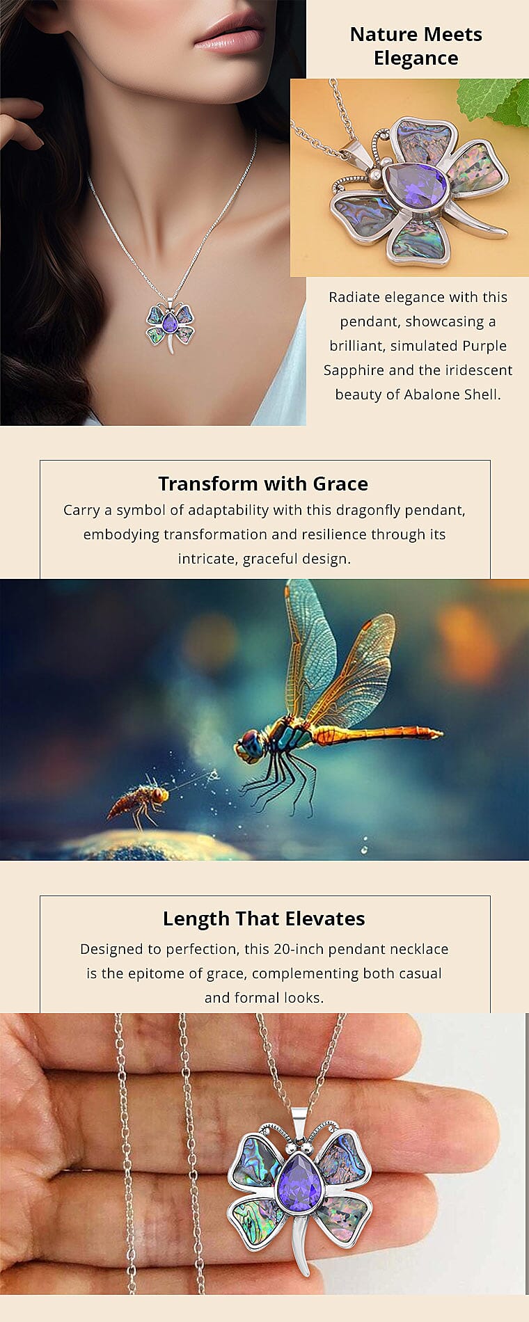 Simulated Purple Sapphire and Abalone Shell Dragonfly Pendant Necklace Banner