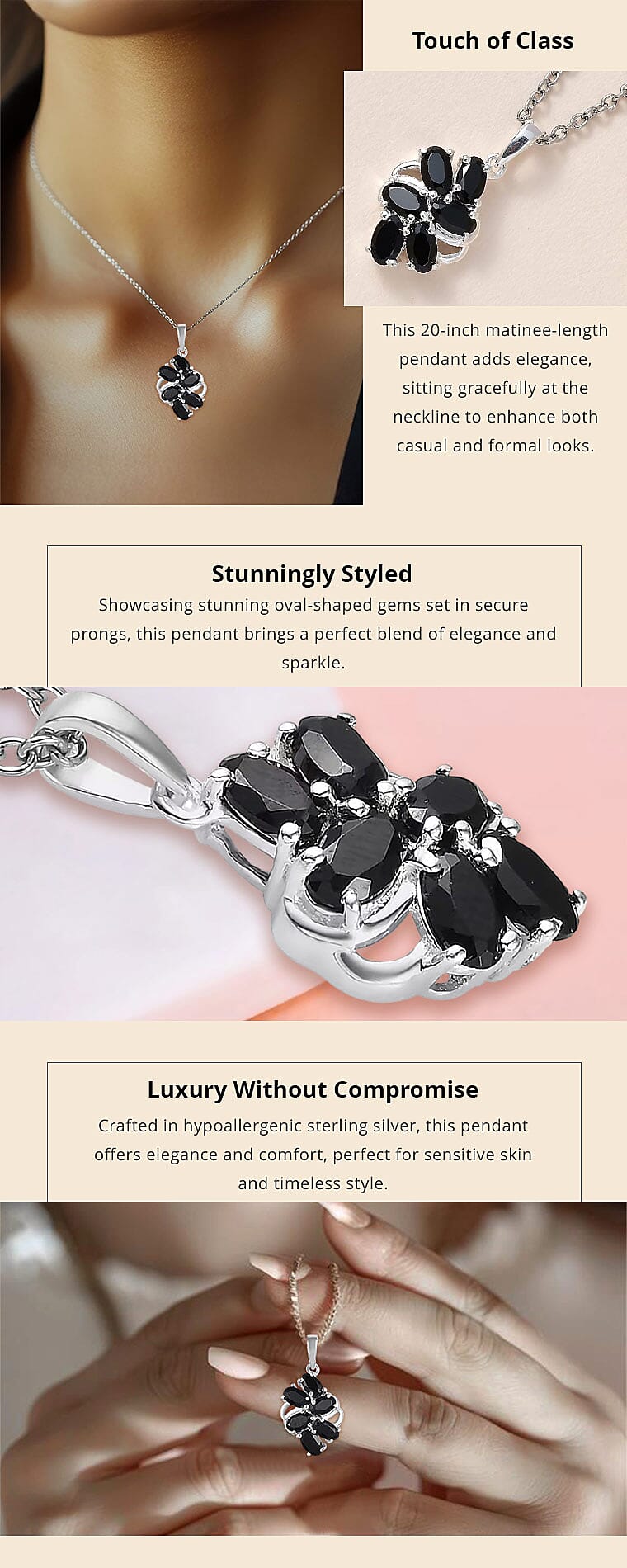 Thai Black Spinel 1.90 ctw Pendant in Sterling Silver with Stainless Steel Necklace Banner