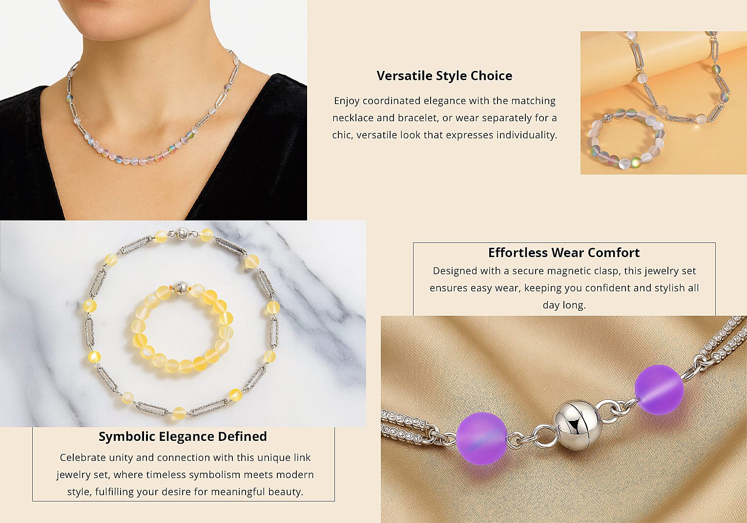 Mystic Color Aurora Borealis Glass and Mystic Color Austrian Crystal Set of Bracelet (7.25In) and Necklace 19 Inches in Silvertone Banner