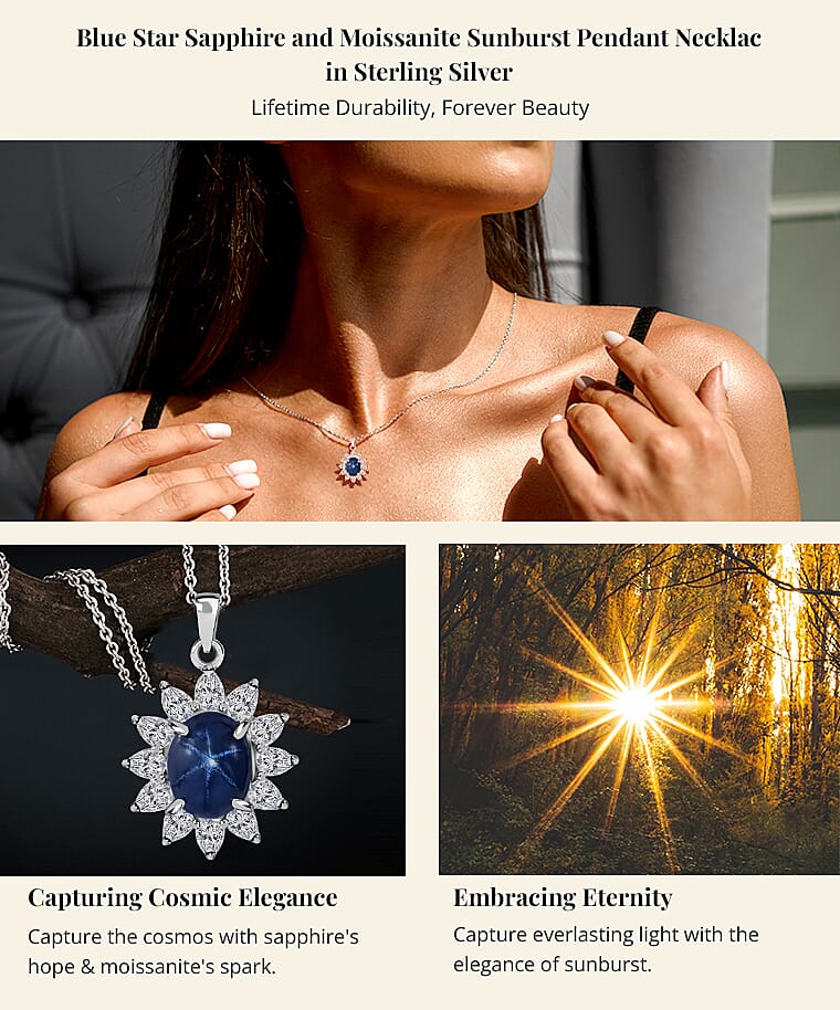 Blue Star Sapphire and Moissanite Sunburst Pendant Necklace in Sterling Silver Banner