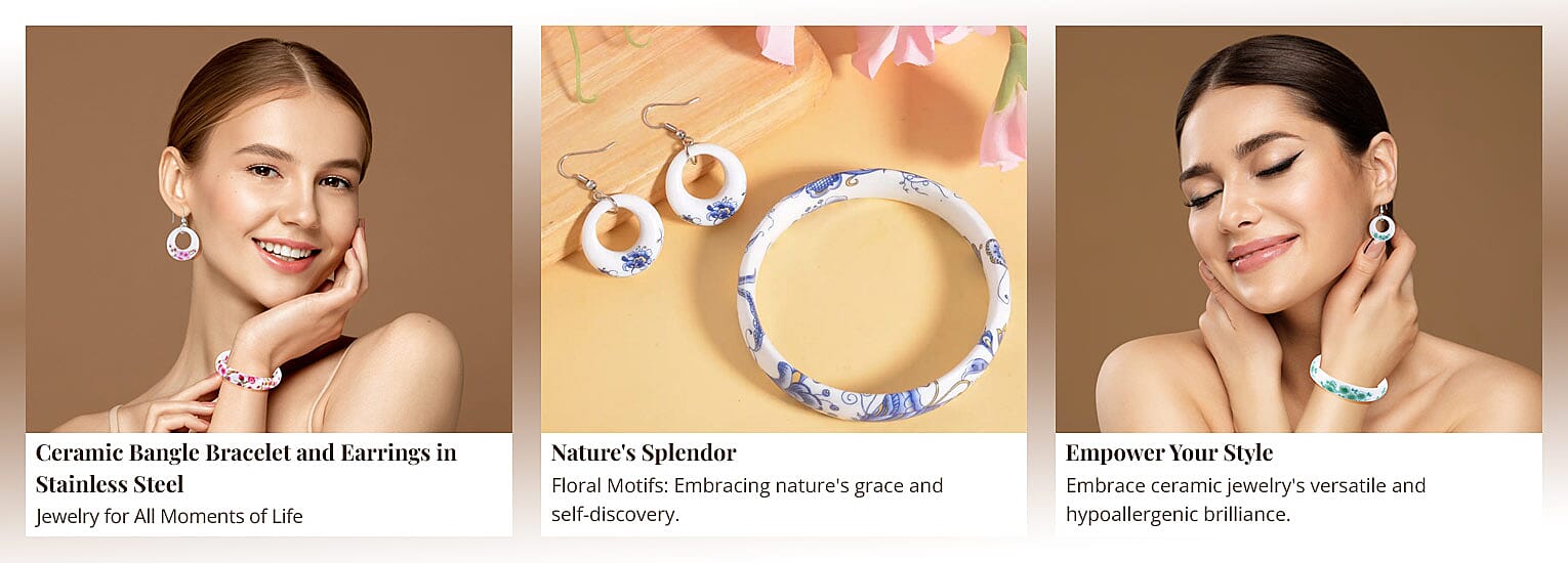 Ceramic Bangle Bracelet and Earrings in Stainless Steel Banner