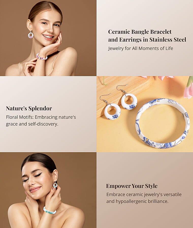 Ceramic Bangle Bracelet and Earrings in Stainless SteelBanner