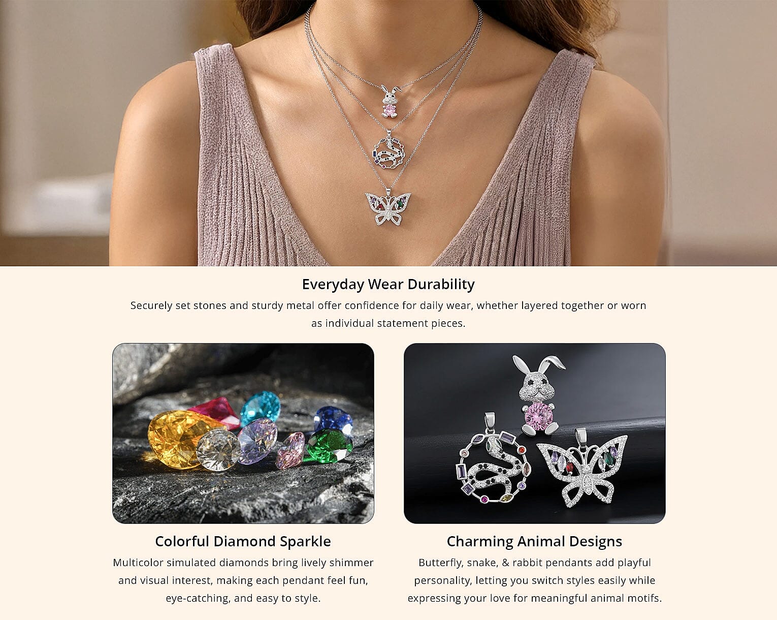 Simulated Multi Color Diamond 7.30 ctw Set of 3 Butterfly, Snake and Rabbit Pendant Banner