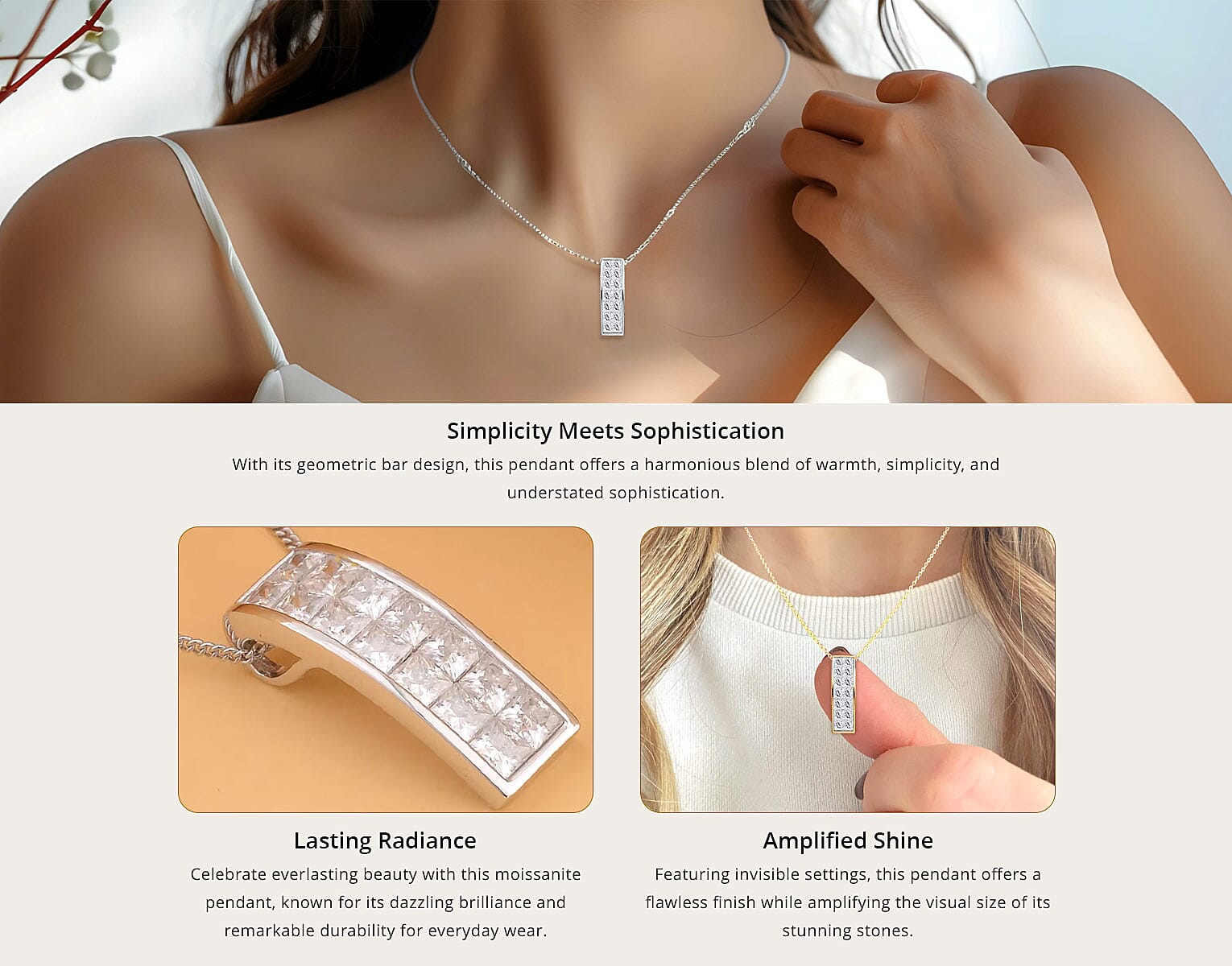 Moissanite Invisible Set Bar Pendant Necklace in Rhodium Over Sterling Silver Banner