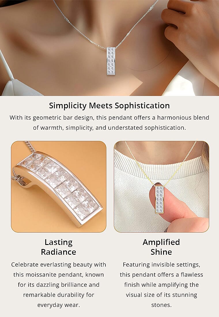Moissanite Invisible Set Bar Pendant Necklace in Rhodium Over Sterling Silver Banner