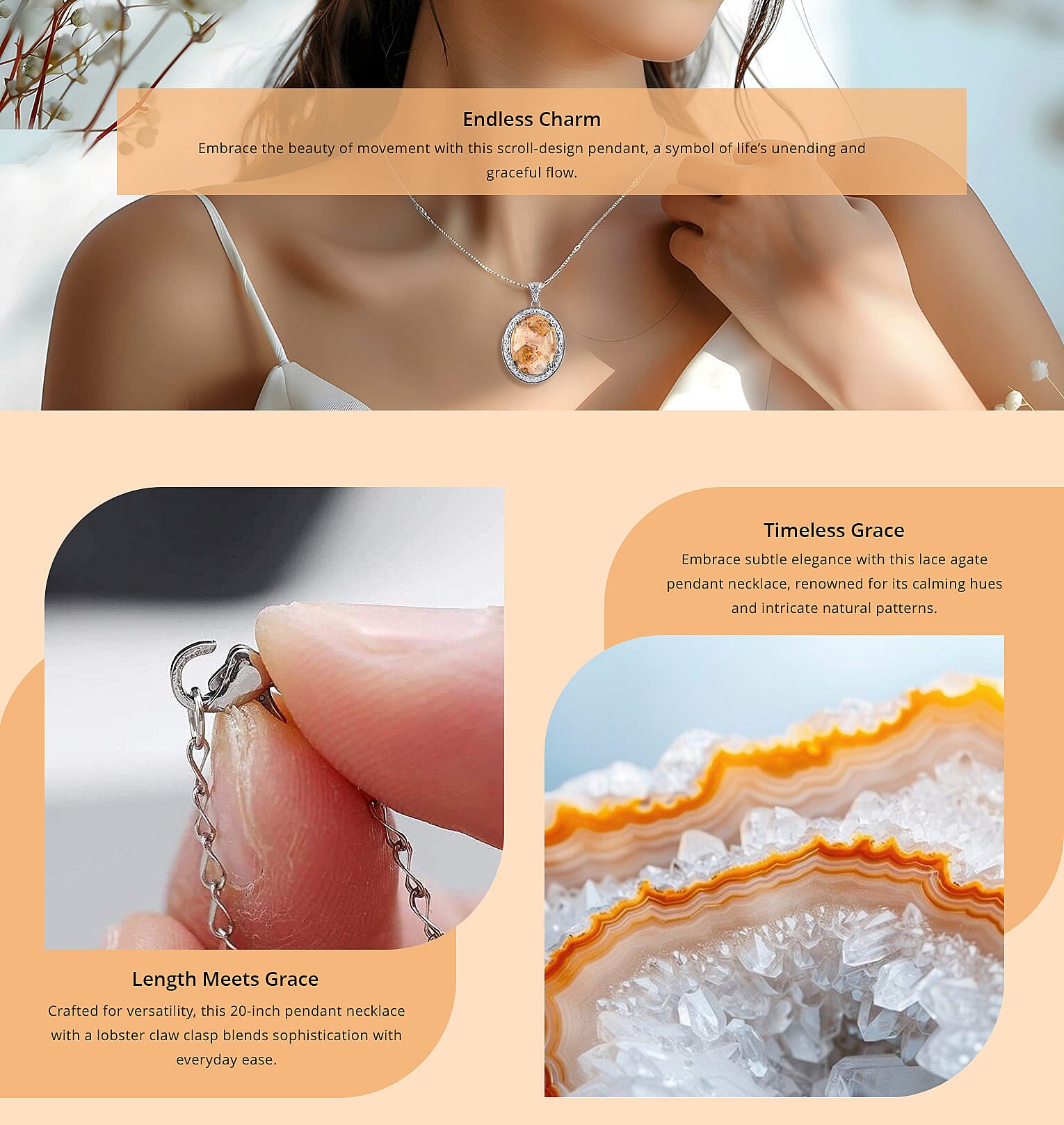 Crazy Lace Agate 82.50 ctw Pendant Necklace 20 Inches in Stainless Steel Banner