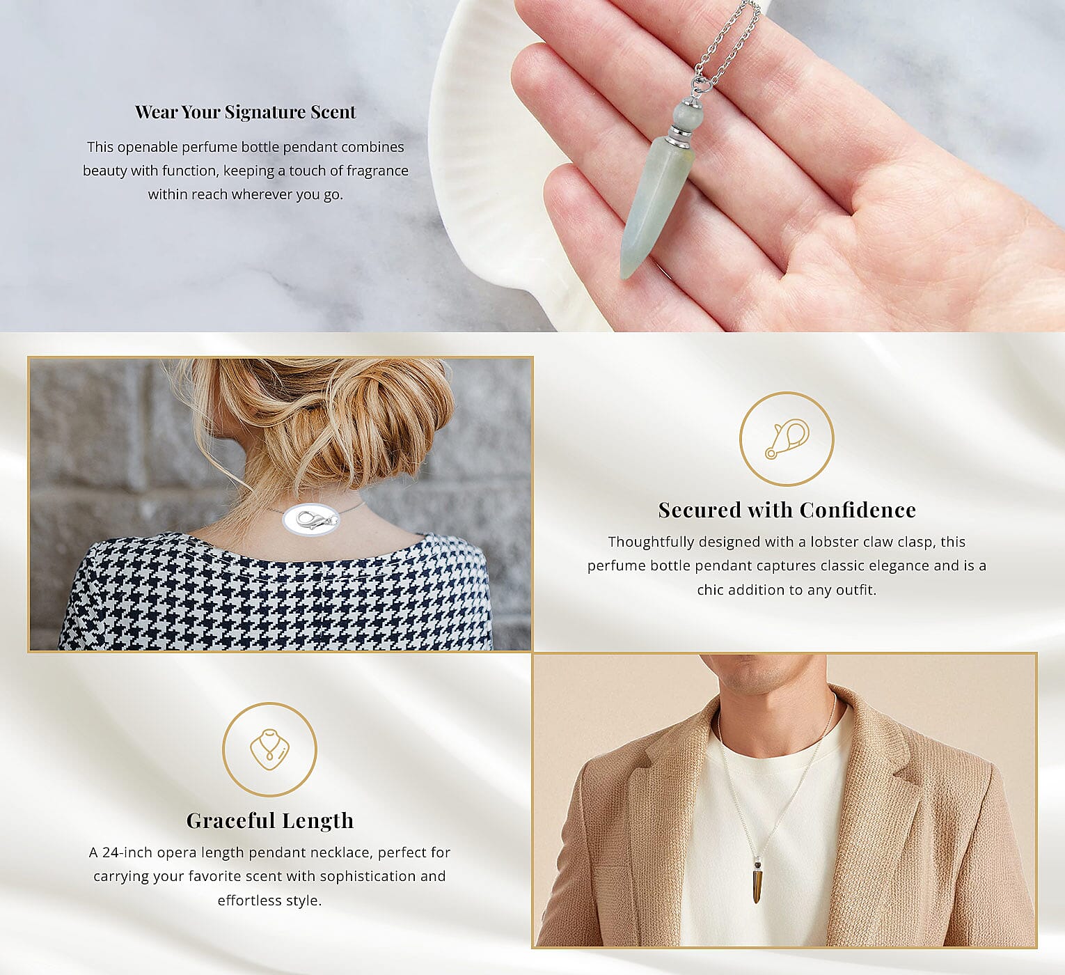 Perfume Bottle Pendant Necklace in Silvertone Banner