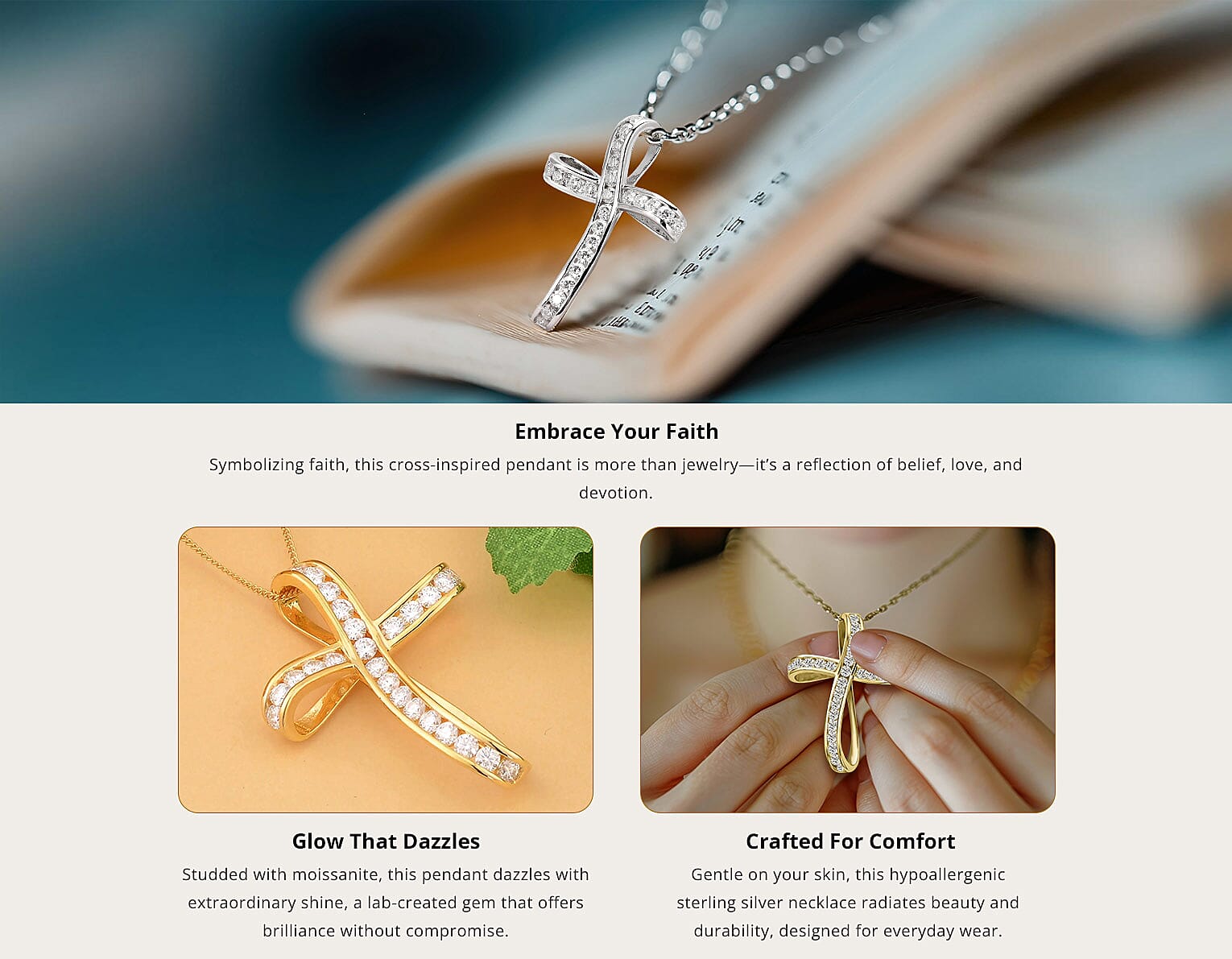 Moissanite Cross Pendant Necklace in Sterling Silver Banner