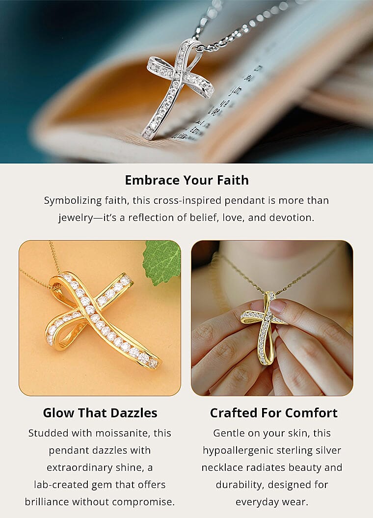 Moissanite Cross Pendant Necklace in Sterling Silver Banner