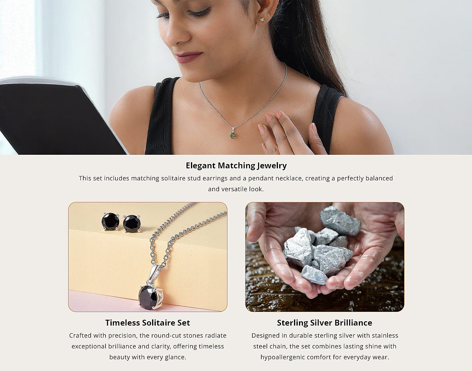 Simulated Black Diamond Solitaire Stud Earrings and Pendant in Sterling Silver with Stainless Steel Necklace 20 Inches Banner