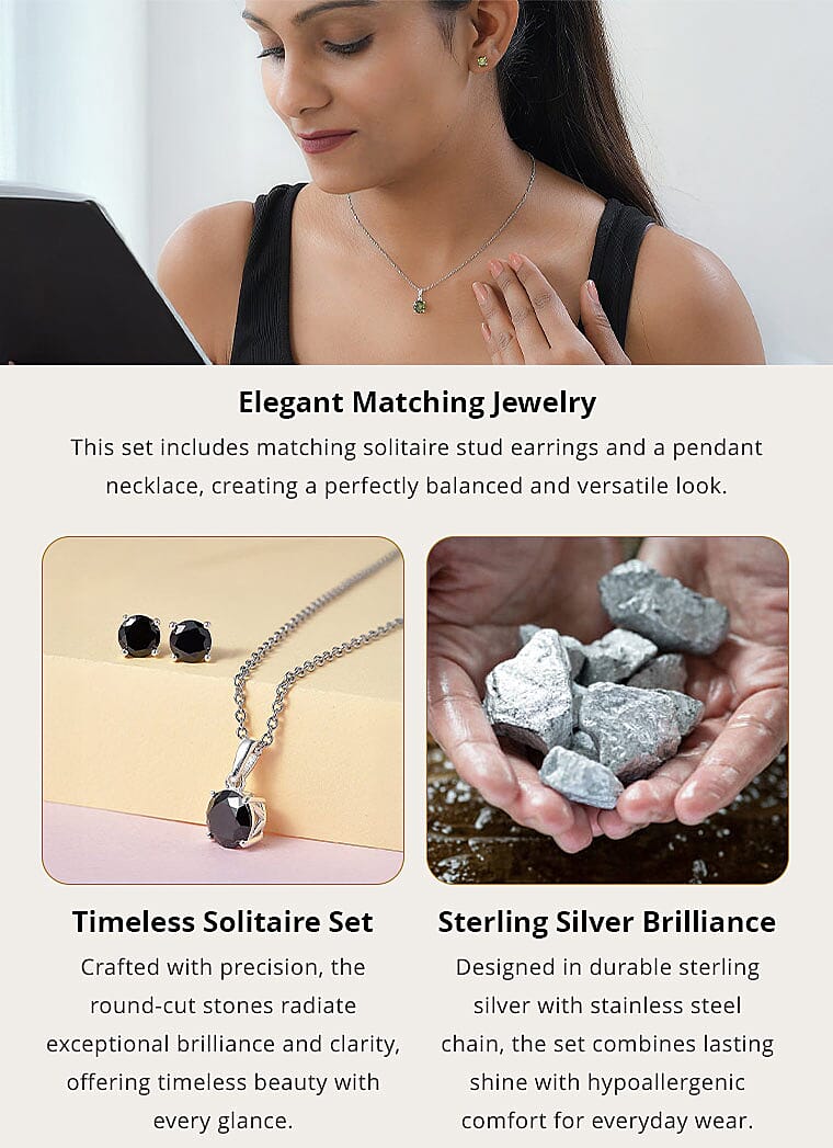 Simulated Black Diamond Solitaire Stud Earrings and Pendant in Sterling Silver with Stainless Steel Necklace 20 Inches Banner