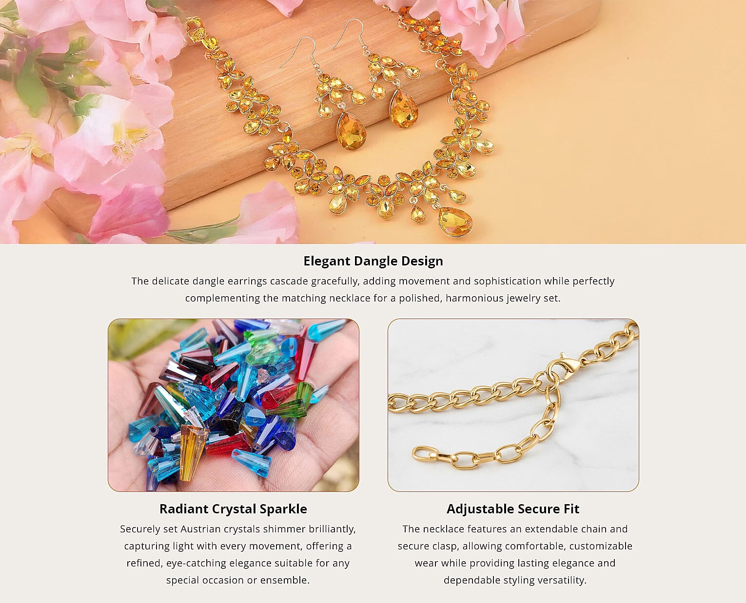 Champagne Color Austrian Crystal Dangle Earrings and Necklace 20-22 Inches in Goldtone Banner