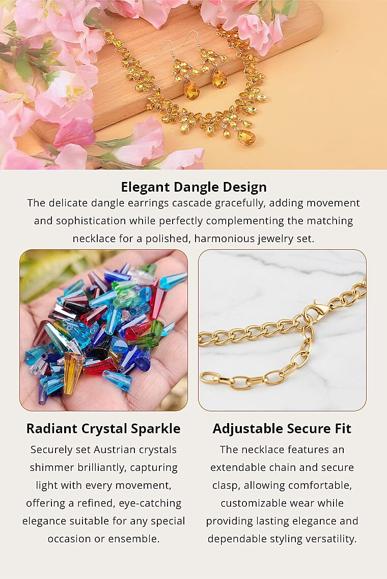 Champagne Color Austrian Crystal Dangle Earrings and Necklace 20-22 Inches in Goldtone Banner