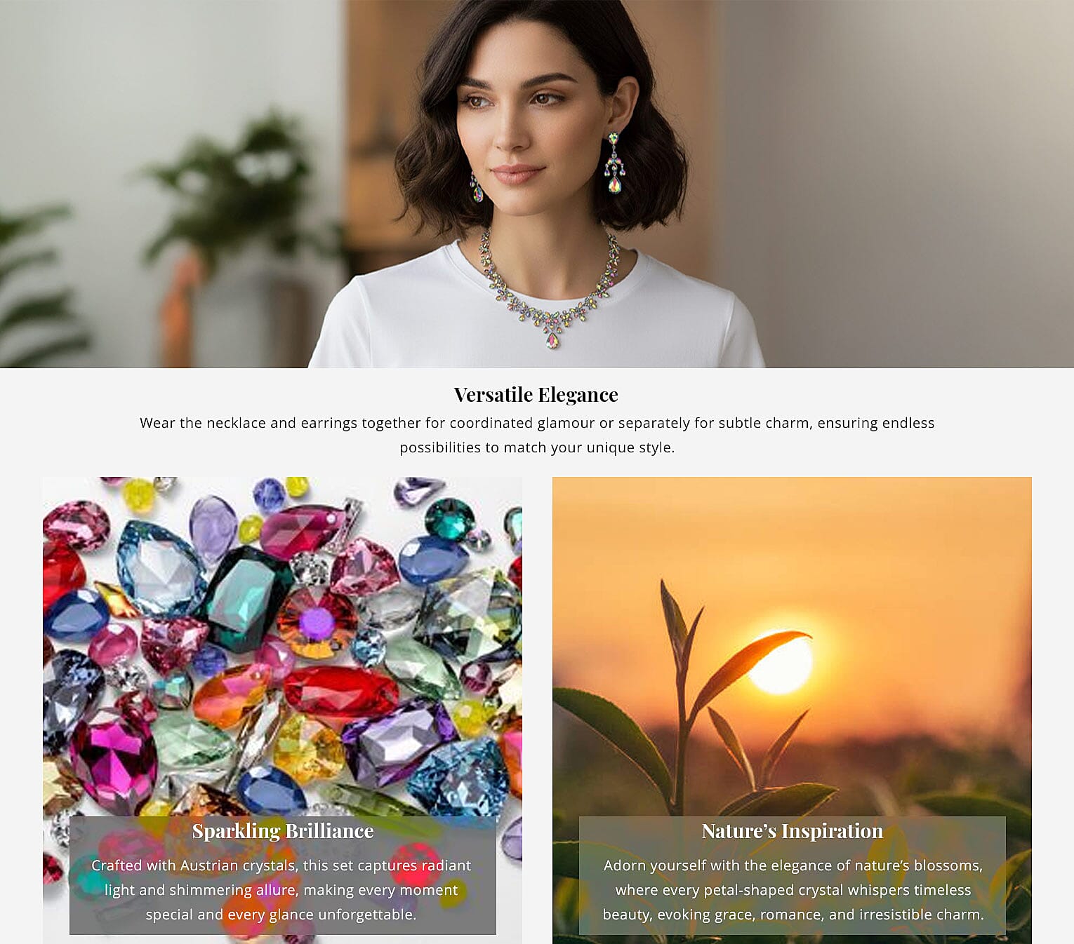 Magic Color Austrian Crystal Dangle Earrings and Necklace 20-22 Inches in Silvertone Banner