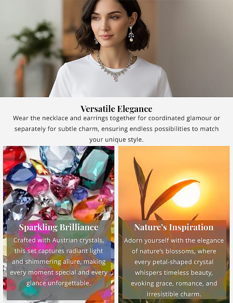 Magic Color Austrian Crystal Dangle Earrings and Necklace 20-22 Inches in Silvertone Banner