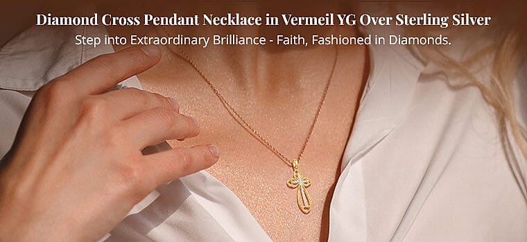 Diamond Cross Pendant Necklace in Vermeil YG Over Sterling Silver Banner