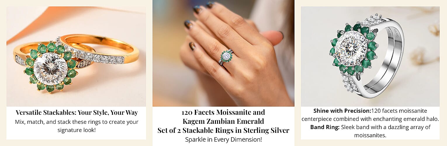 120 Facets Moissanite and Kagem Zambian Emerald Set of 2 Stackable Rings in Sterling Silver Banner