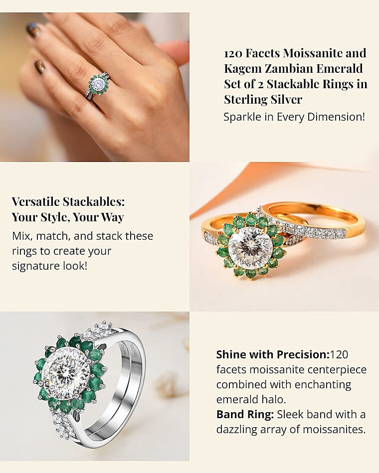 120 Facets Moissanite and Kagem Zambian Emerald Set of 2 Stackable Rings in Sterling Silver Banner