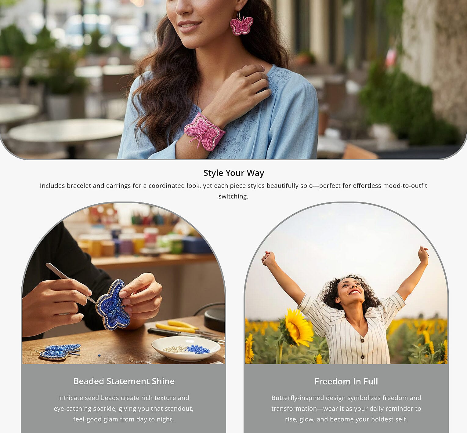 Set of 2 Fuchsia Seed Beaded Butterfly Cuff Bracelet and Earrings Banner