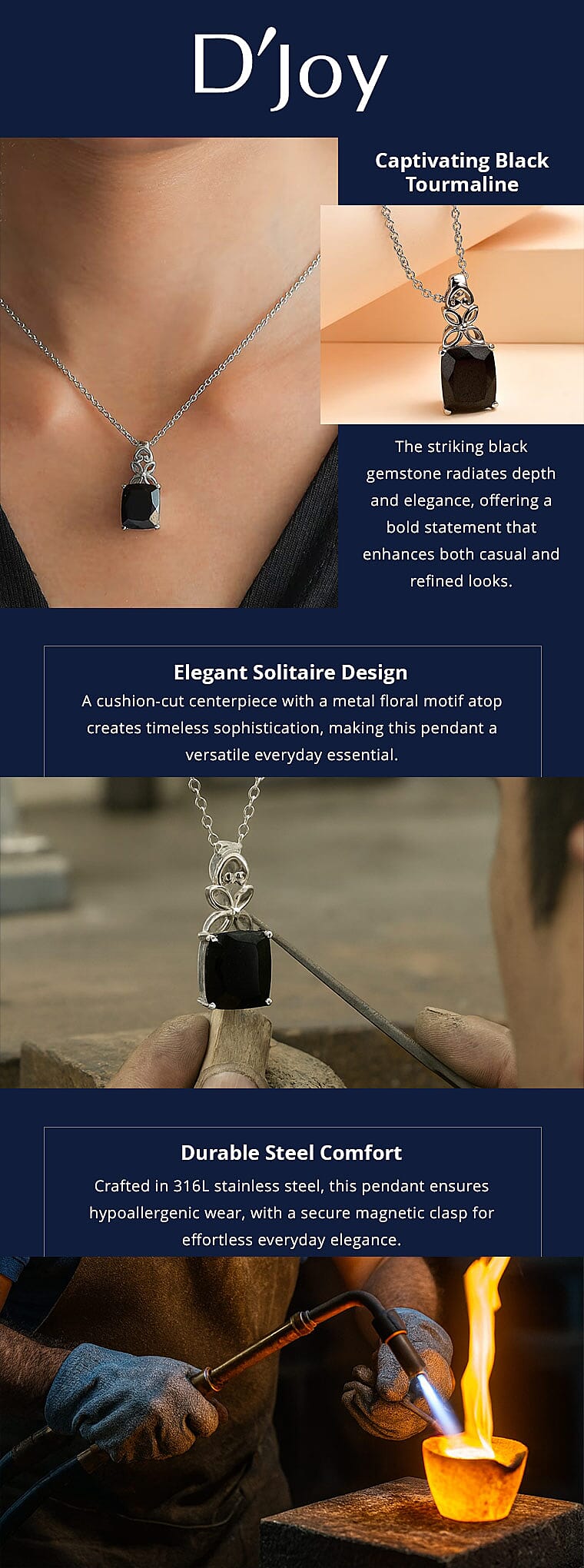 D'Joy Australian Black Tourmaline 5.85 ctw Solitaire Pendant Necklace in Stainless Steel 20 Inches, Tarnish-Free, Waterproof, Sweat Proof Jewelry Banner