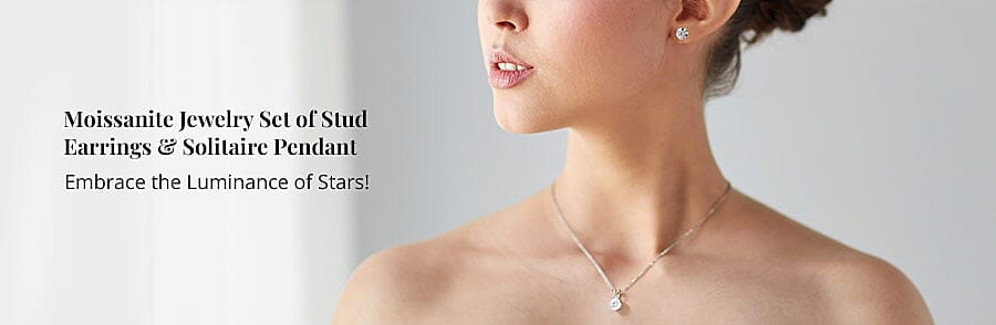 Moissanite Jewelry Set of Stud Earrings & Solitaire Pendant Banner