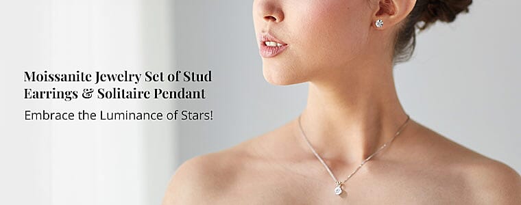 Moissanite Jewelry Set of Stud Earrings & Solitaire Pendant Banner