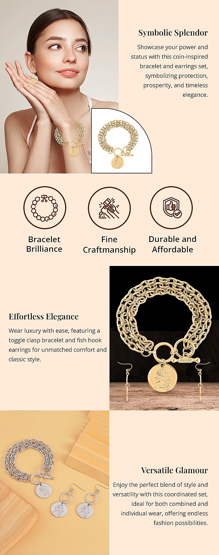 Set of 2 Coin Bracelet and Earrings in SilvertoneBanner