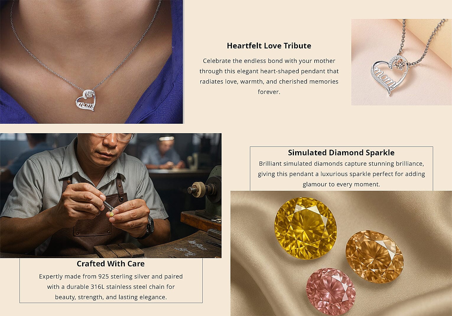 Simulated Champagne Diamond Mom Heart Pendant in Sterling Silver with Stainless Steel Necklace 20 Inches 0.80 ctw Banner