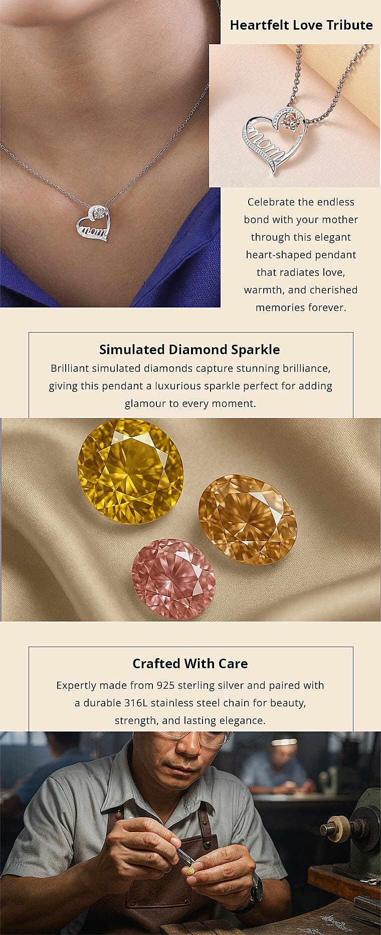 Simulated Champagne Diamond Mom Heart Pendant in Sterling Silver with Stainless Steel Necklace 20 Inches 0.80 ctw Banner