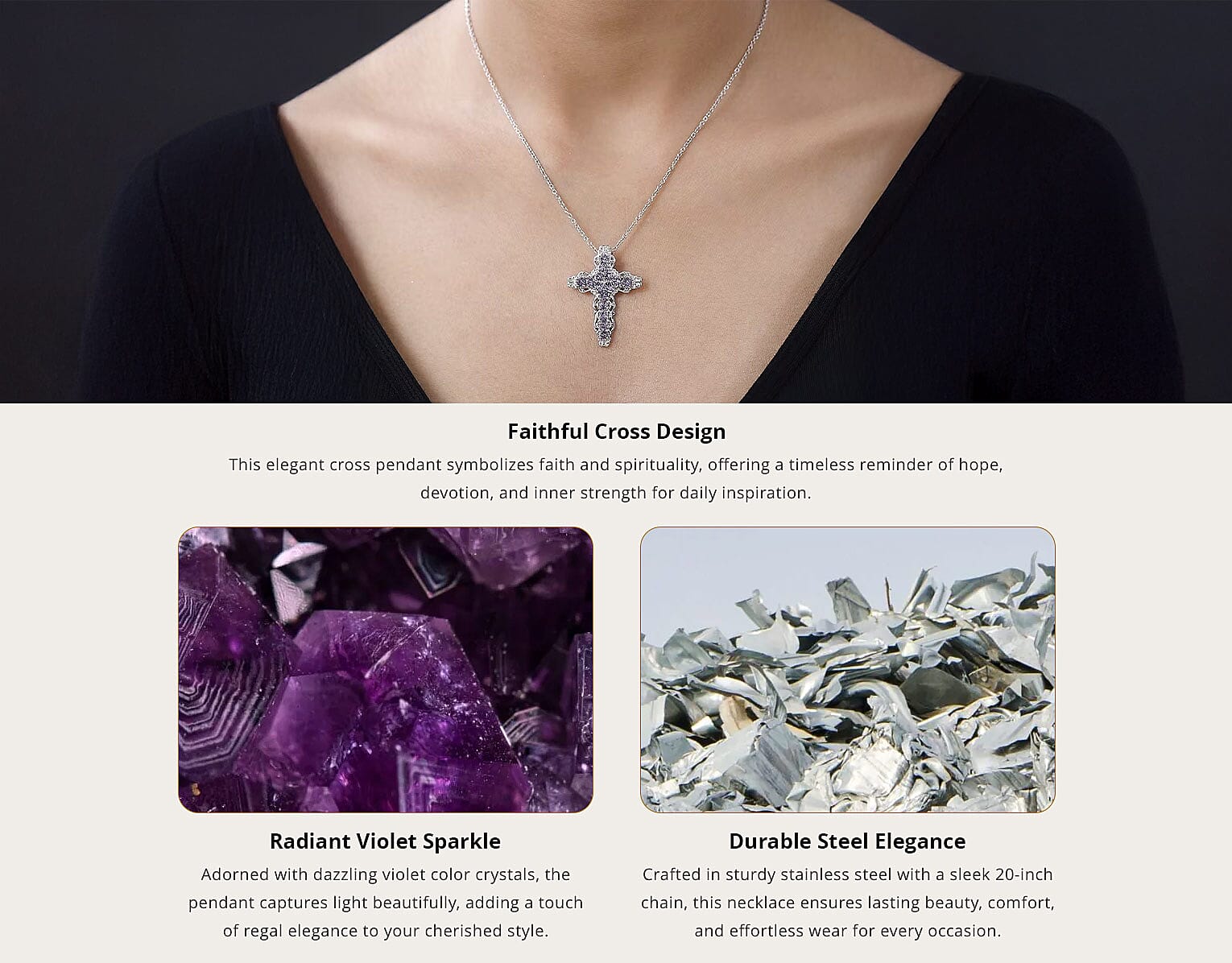 Violet Color Crystal Cross Pendant Necklace (20 Inches) in Stainless Steel 1.50 ctw , Tarnish-Free, Waterproof, Sweat Proof Jewelry Banner