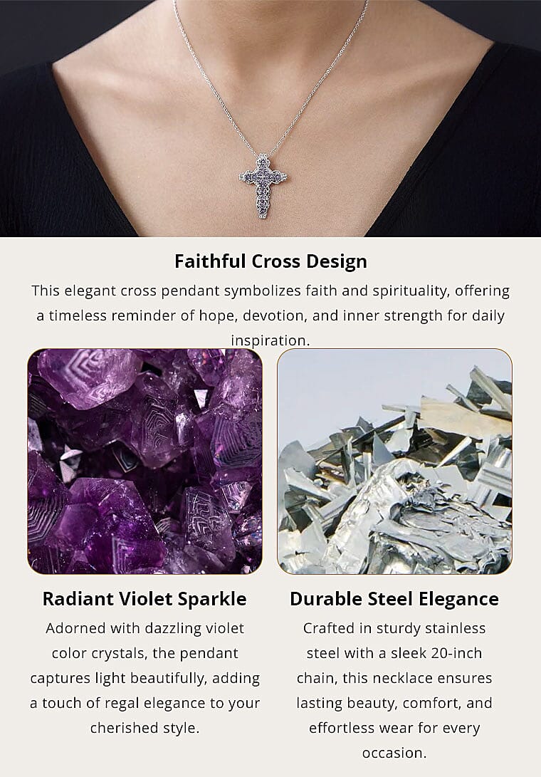 Violet Color Crystal Cross Pendant Necklace (20 Inches) in Stainless Steel 1.50 ctw , Tarnish-Free, Waterproof, Sweat Proof Jewelry Banner