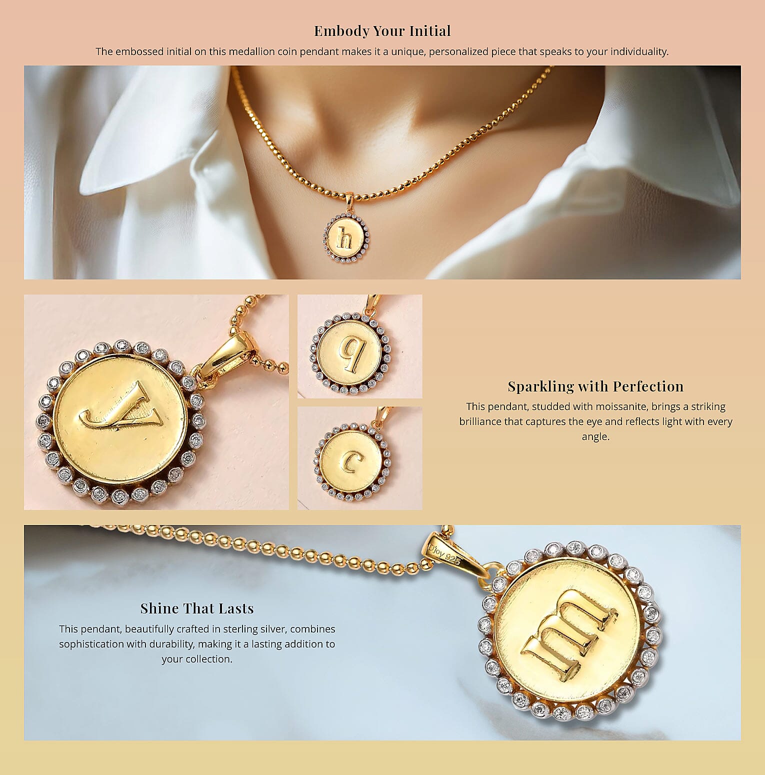 Moissanite 0.10 ctw Medallion Coin Initial H Pendant Necklace in Vermeil YG and Platinum Over Sterling Silver Banner