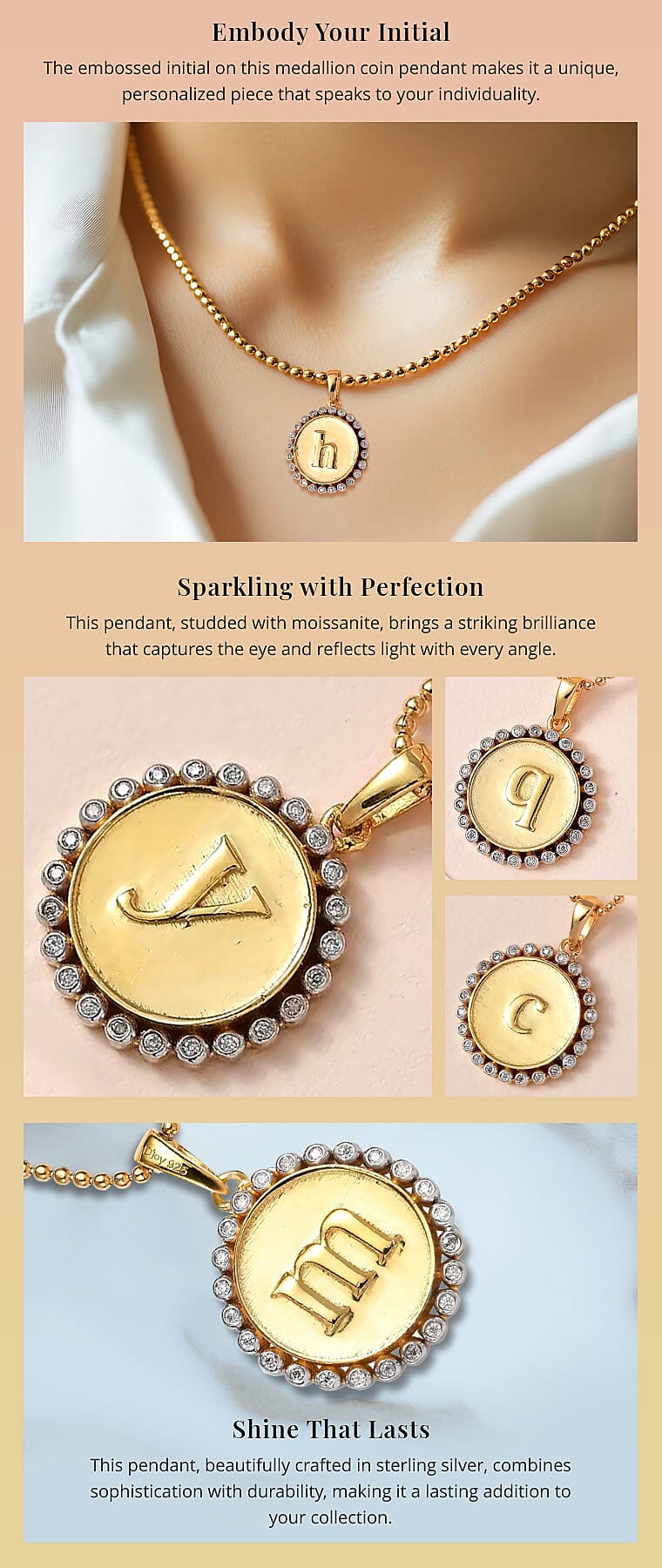 Moissanite 0.10 ctw Medallion Coin Initial H Pendant Necklace in Vermeil YG and Platinum Over Sterling Silver Banner