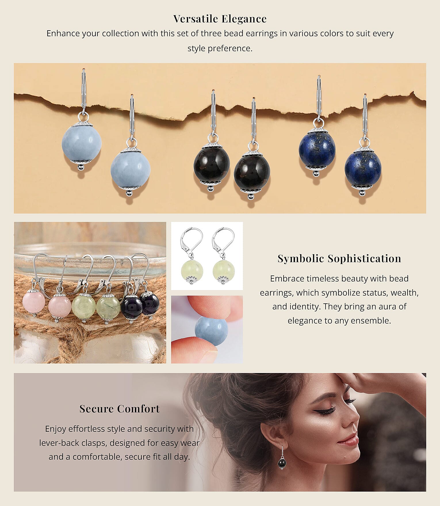 Lapis Lazuli, Blue Angelite, Yellow Tiger's Eye Set of 3 Earrings in Stainless Steel Banner