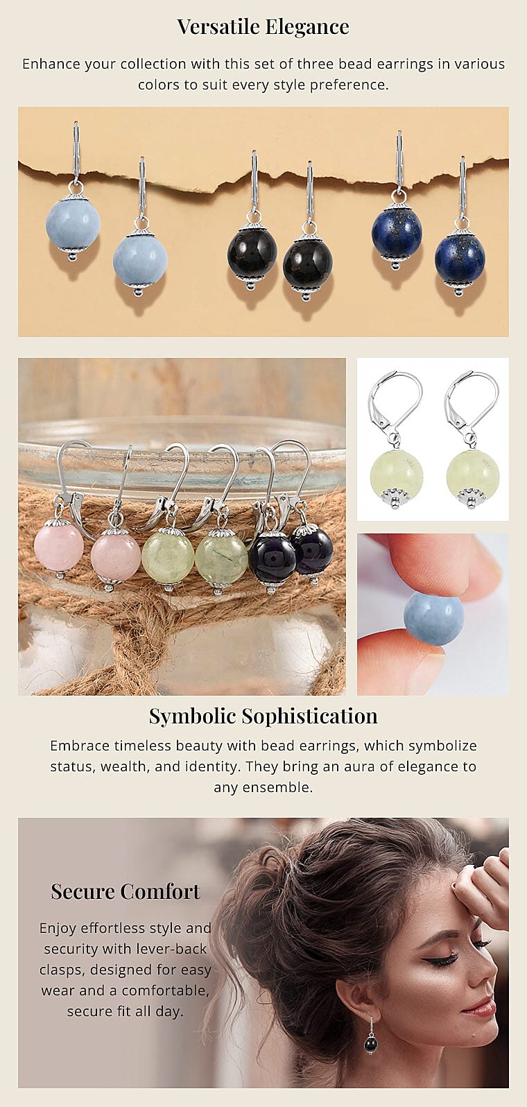 Lapis Lazuli, Blue Angelite, Yellow Tiger's Eye Set of 3 Earrings in Stainless Steel Banner