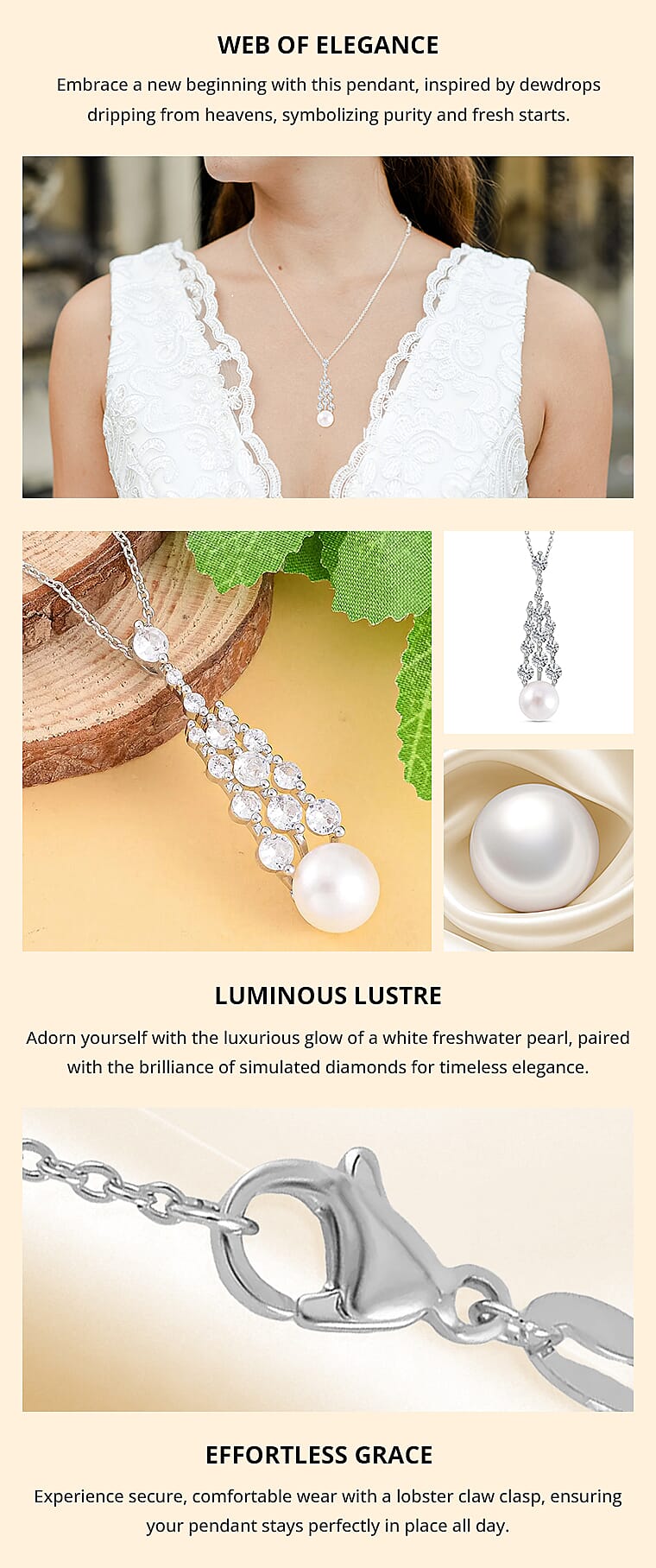 White Freshwater Pearl and Simulated Diamond 1.00 ctw Pendant NecklaceBanner