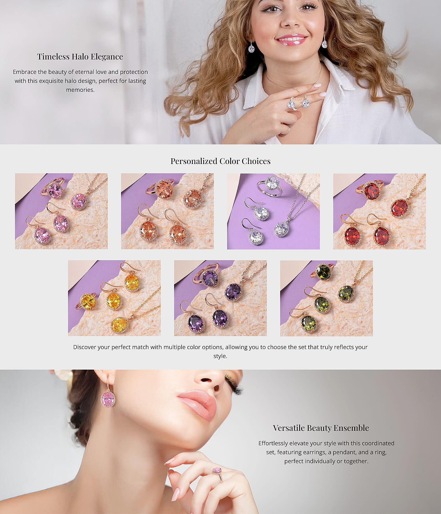 Earrings, Halo Ring and Pendant Necklace  Banner