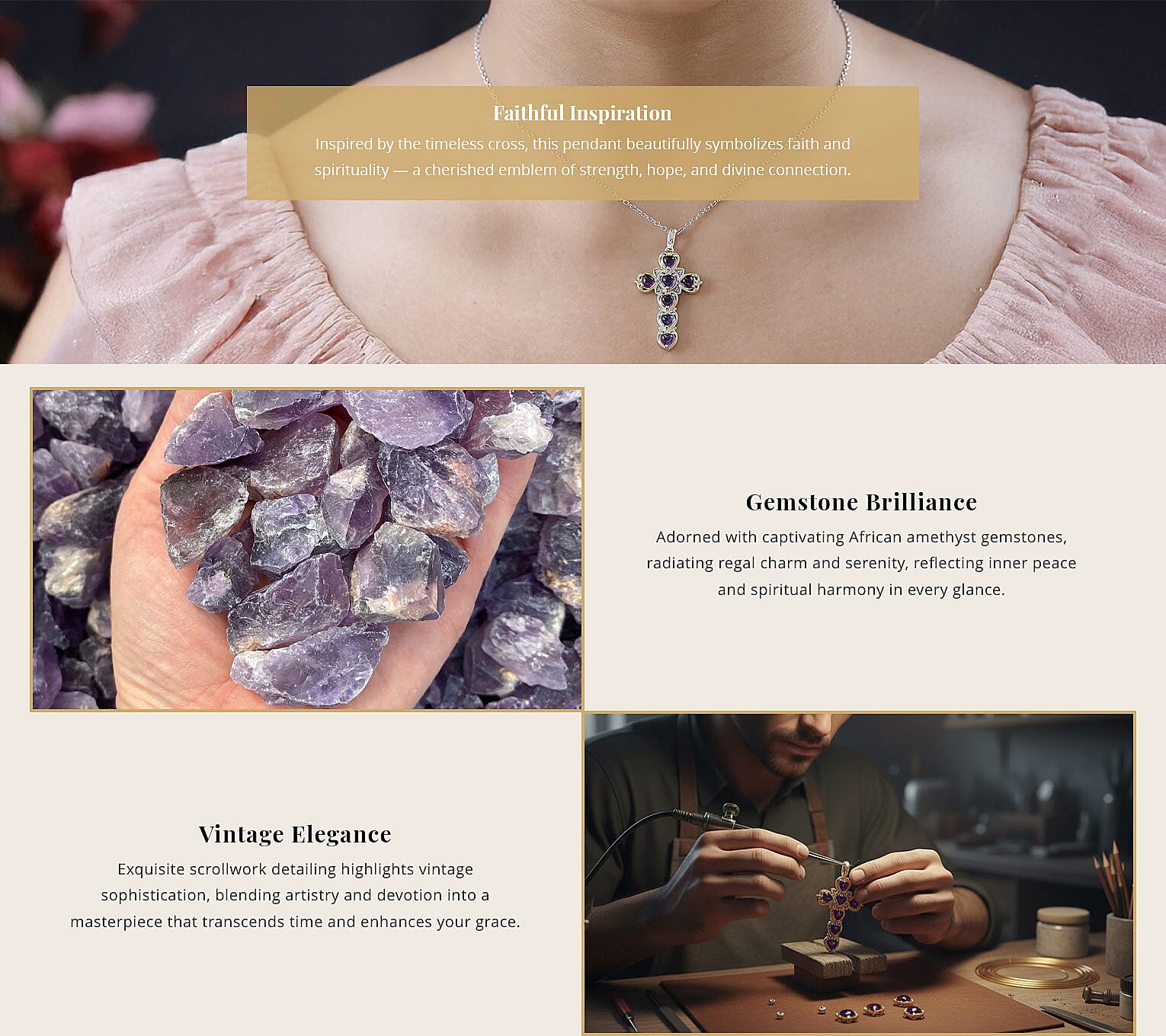 Karis African Amethyst 2.10 ctw Cross Pendant in 18K YG Plated and Platinum Bond with Stainless Steel Necklace 20 Inches Banner