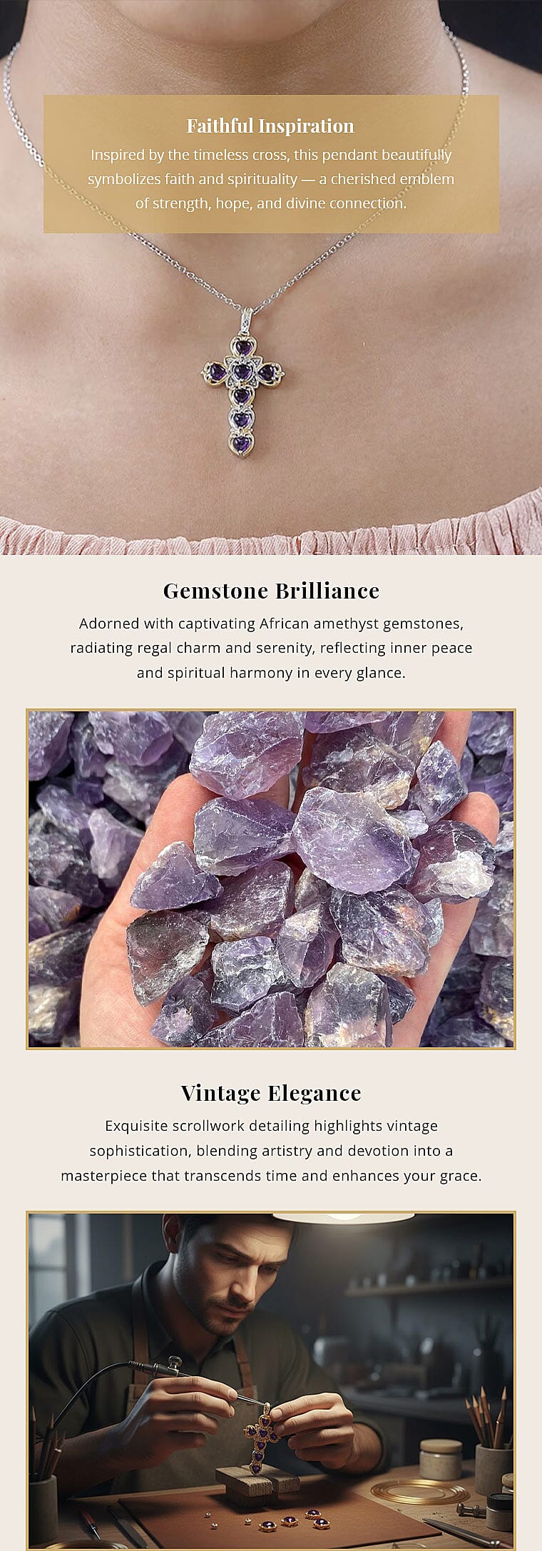 Karis African Amethyst 2.10 ctw Cross Pendant in 18K YG Plated and Platinum Bond with Stainless Steel Necklace 20 Inches Banner