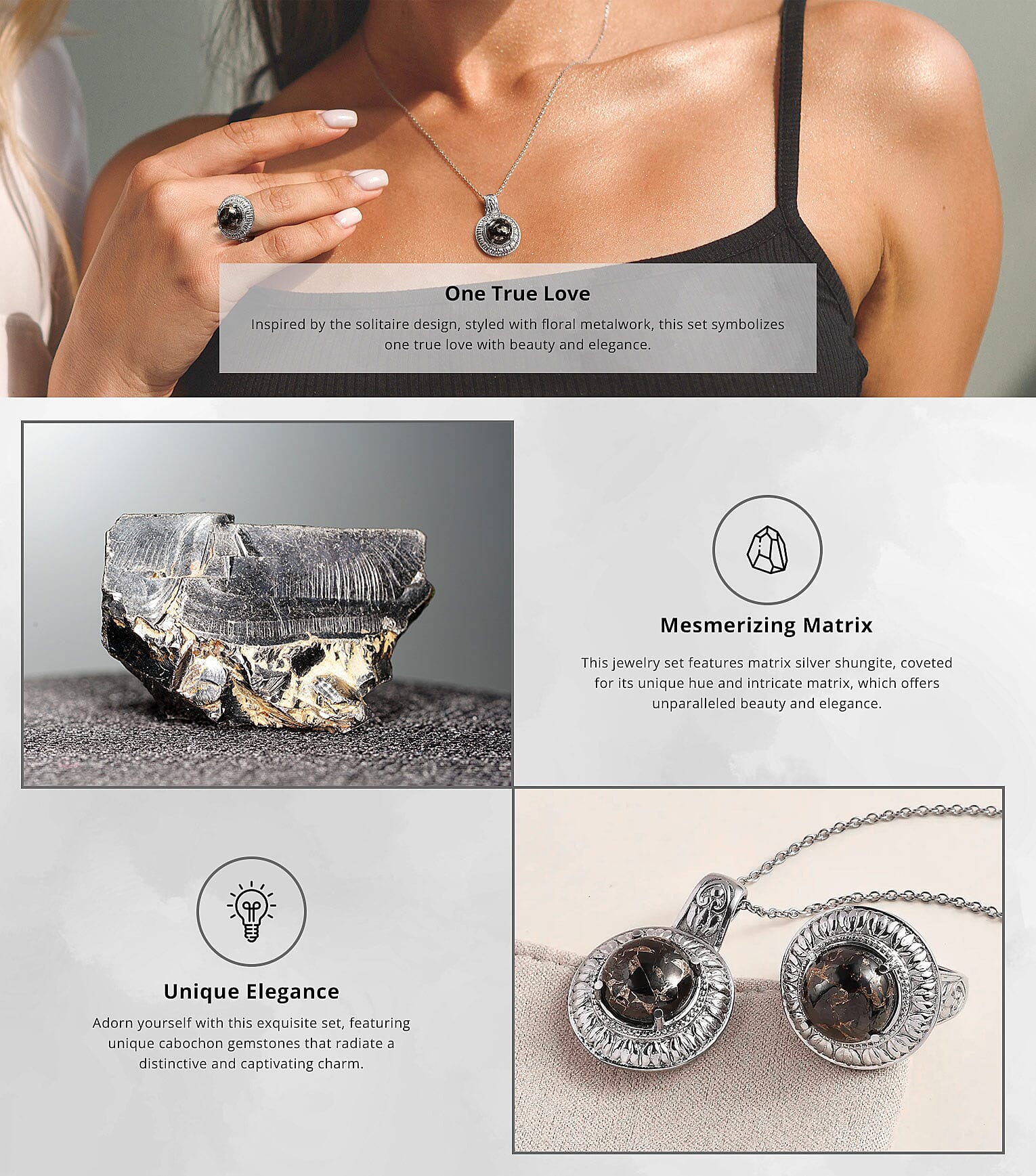 Matrix Silver Shungite Solitaire Ring and Pendant Necklace in Stainless Steel Banner